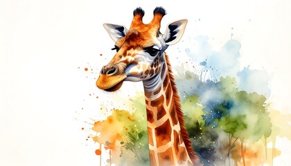 Detailed portrait of a giraffe in a watercolor style.