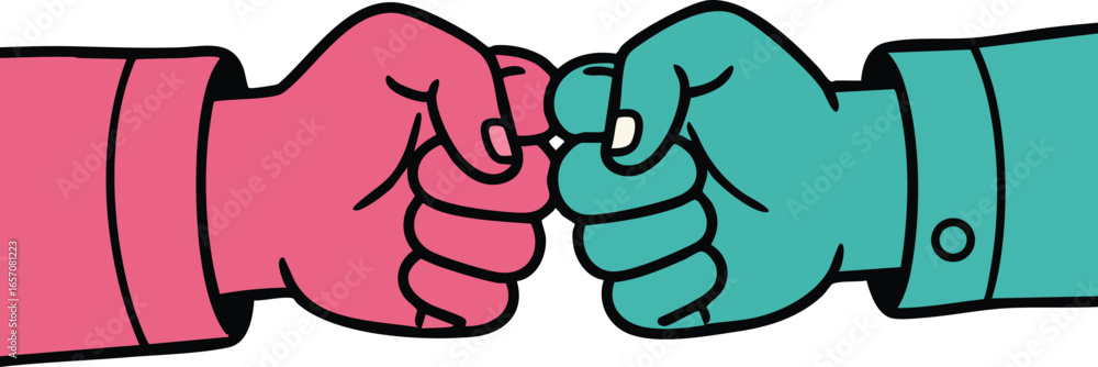 Poster two colored hands making fist bump gesture in simple vector illustration for friendship and teamwork