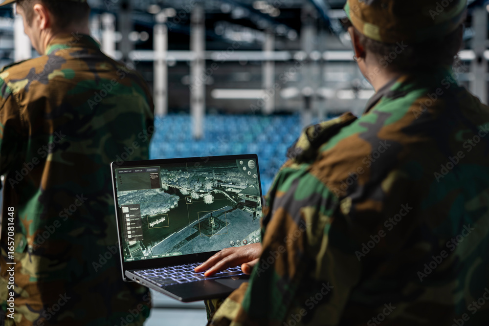 Poster close up of army specialist in data center scanning terrain after enemy lines using military satelli