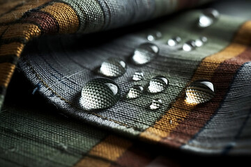 Water droplets resting on a multicolored striped fabric surface in a close up studio shot view