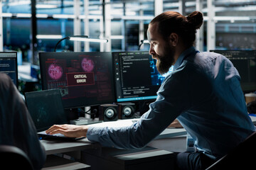 Data center technician using AI LLM assistant to fix critical errors affecting infrastructure....