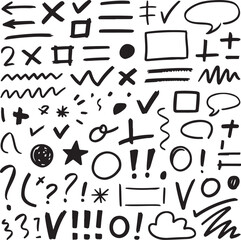 Hand-drawn black doodle elements set  includes arrows, checkmarks, punctuation, speech bubbles, and shapes  perfect for UX design, infographics, planners, and presentations