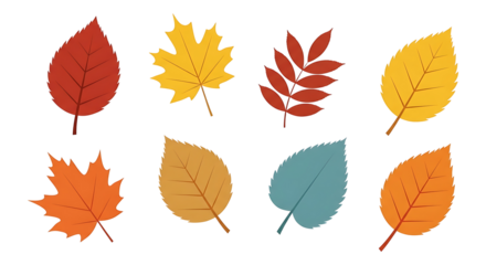 A vibrant collection of eight stylized autumn leaves in various shapes and warm colors.