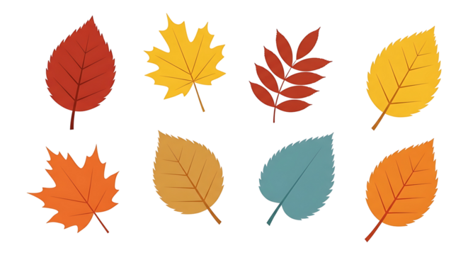 A vibrant collection of eight stylized autumn leaves in various shapes and warm colors. - Powered by Adobe
