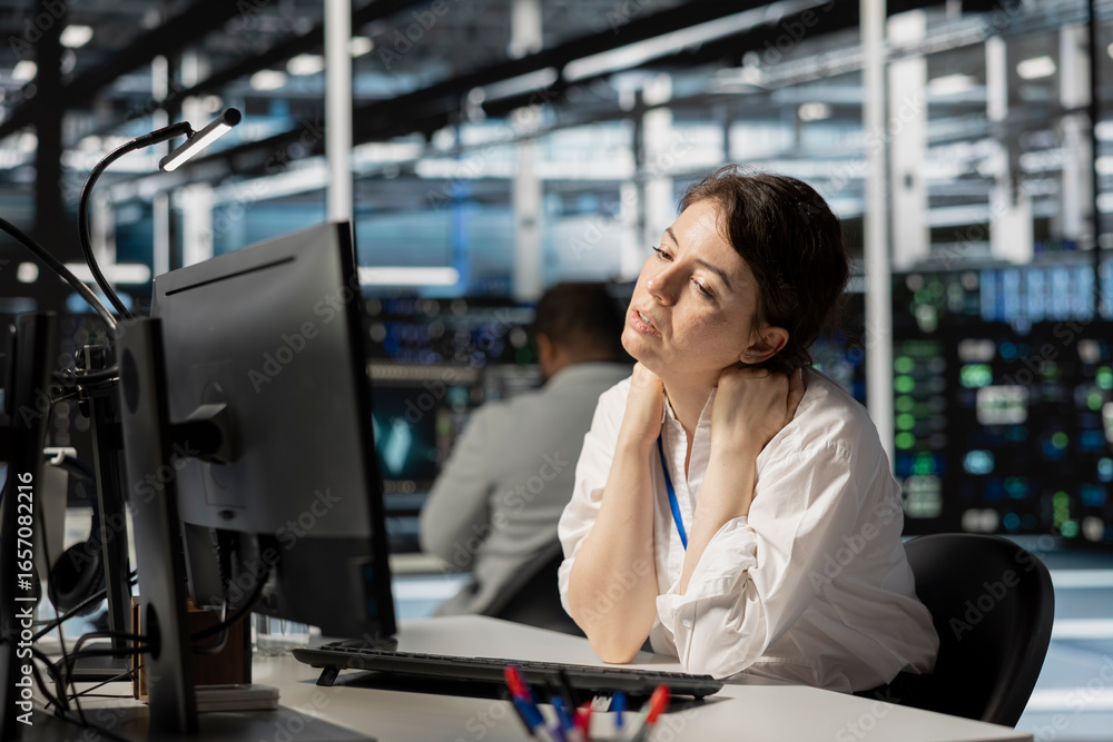 Poster exhausted server farm it expert having stiff neck after looking at computer screen for too long. tir