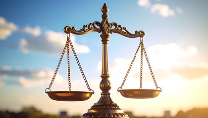 Ornate golden scales of justice against a backdrop of clouds.