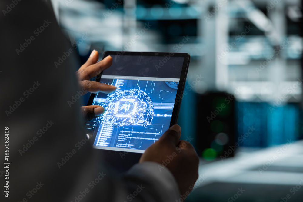 Poster close up of programmer using tablet in ai data center housing advanced equipment used for deep learn
