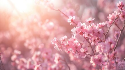 Delicate pink cherry blossoms bloom on branches under warm sunbeams, creating a soft, romantic atmosphere with a dreamy bokeh background. This image evokes romance and celebration.