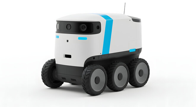 Robot Delivery Vehicle: A cutting-edge robotic delivery vehicle, designed with sleek lines and modern aesthetics, stands ready to revolutionize urban logistics.