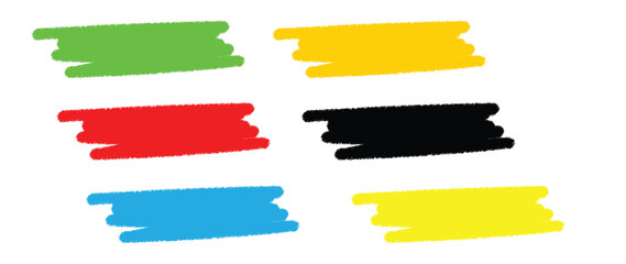 Set of colorful paint, brush, strokes, green red blue yellow black ink texture elements isolated on transparent background for abstract design banner poster or template