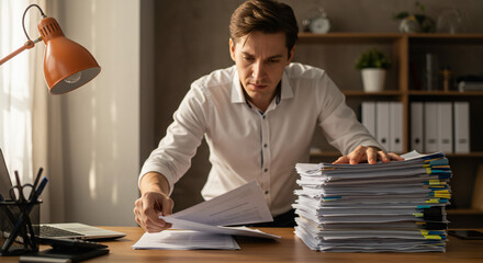 Focused man in white shirt sorting through a large stack of documents at his office desk