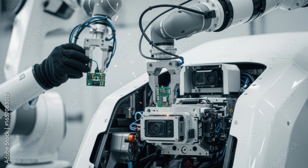 Poster closeup of robotic arms installing critical parts on a rail inspection robot highlighting advanced a