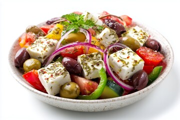 Fresh Mediterranean salad with vibrant vegetables and feta cheese in a bowl, served on a white background for a healthy dining experience
