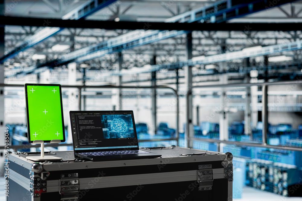 Poster close up of ai tech on laptop next to mockup tablet in server room handling queries. artificial inte