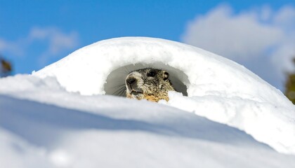 A gray-brown marmot peeks out from a snow-covered burrow, showcasing a winter scene against a clear blue sky.