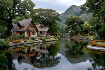 Naklejka premium Charming cottages along a forest canal high resolution picture