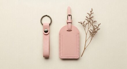 Elegant pink leather keyring and luggage tag pair presented with dried floral accents on a light surface, minimalist style.