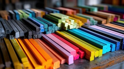 Premium photo of colorful profiles on a work surface in a factory. Various colored metal or plastic extrusion profiles are arranged in rows on a table.