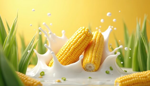 Illustration of ripe corn cobs splashing into creamy white liquid against vibrant yellow background with green grass accents. This fresh, sweet maize imagery evokes summer harvest and dairy goodness.