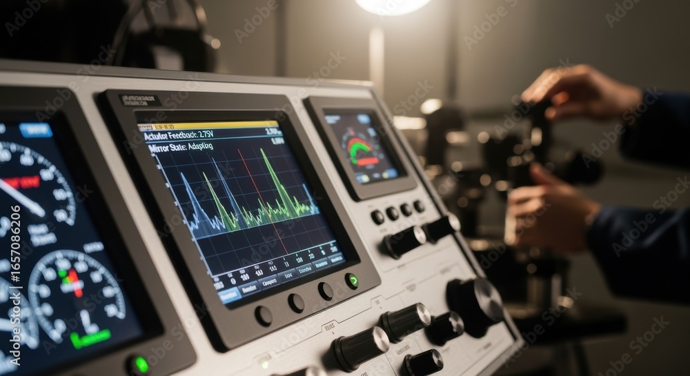 Poster closeup instrument panel displaying actuator signal feedback during deformable mirror adjustment in 
