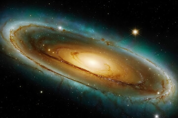 A spiral galaxy with bright center surrounded by rings of stars and cosmic dust in deep space view