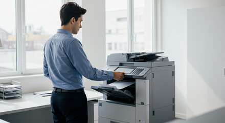 Man using a photocopier in a modern office environment, handling documents and paperwork for business tasks