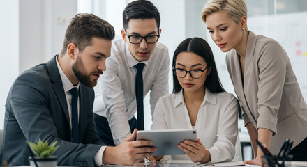 Diverse business team collaborating around a tablet in a modern office setting, discussing strategy and planning
