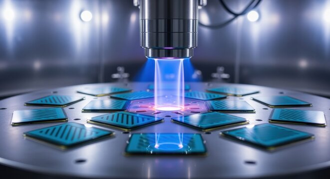 Detailed shot of microshutter smartglass substrates being coated with functional thin films using advanced evaporation deposition techniques.