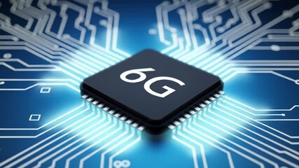 A dark integrated circuit displays 6G on a vibrant blue circuit board Lines connect the chip illustrating futuristic technology innovation and modern advancement - Powered by Adobe