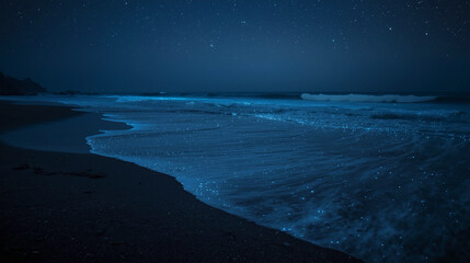 Dramatic Bioluminescent Waves Crashing on a Dark Sandy Beach at Night