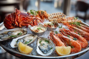 Fine dining seafood assortment with lemon garnish high resolution HD images