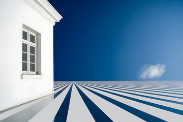 White building with window and striped ground against a clear blue sky with a single cloud far away
