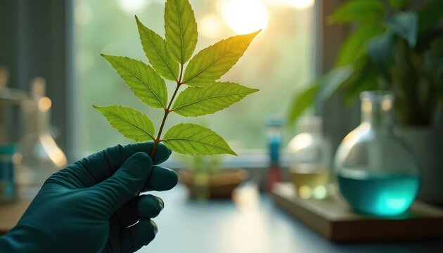 Green leaf science research lab. Scientist in glove holds plant Mitragyna speciosa kratom leaf. Chemical analysis, lab equipment, flasks with blue liquid. Natural growth study, botany.