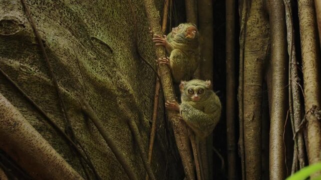 Cute Gursky Spectral tarsier or Tangkasi or Wusing Tarsius spectrumgurskyae, Sulawesi in Indonesia, the smallest primate sitting in the tree, split this species off from the spectral tarsier