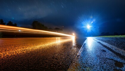 low angle of a vehicle driving on a rain soaked road at night headlights illuminating the wet asphalt symbolizes challenging journeys resilience in difficult conditions or urban nightscapes