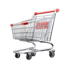 Empty metal shopping cart with red handles isolated on transparent background