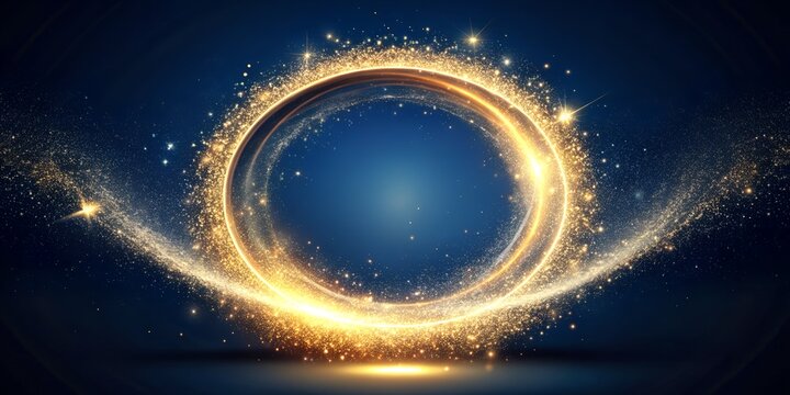 A luminous golden circle formed by swirling particles and light trails, set against a deep blue background, evoking magic, celebration, and a sense of wonder and cosmic energy