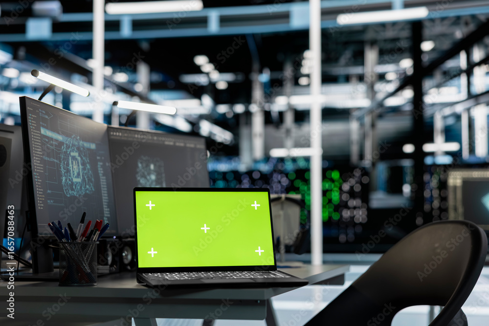Poster green screen laptop in server room monitoring artificial intelligence visualizing neural networks da