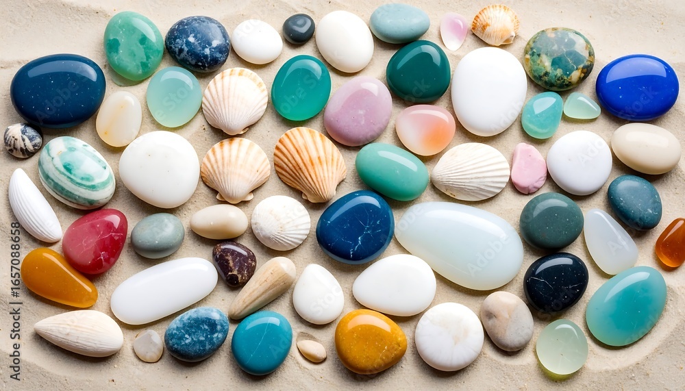 Poster a vibrant array of polished stones and seashells arranged artfully on a sandy background.