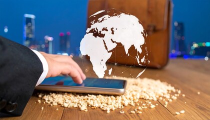 A person interacts with a digital tablet displaying a global map over a scattered collection of oat flakes on a wooden surface.
