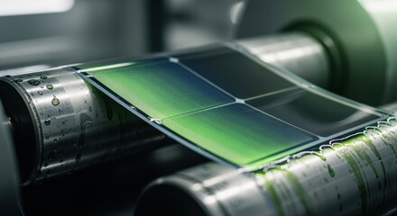Flexible photovoltaic film emerging from coating rollers showcasing the potential of perovskite tandem technology in green energy.