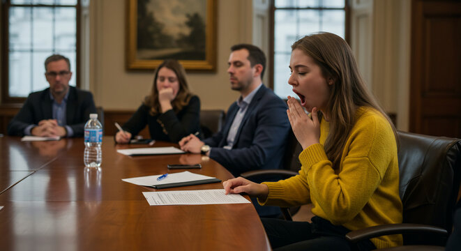 Young woman yawns during a business meeting while colleagues look on