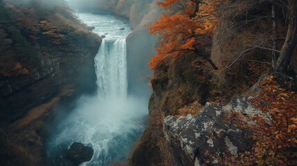 Dramatic Moody Waterfall Scenery with Autumn Colors in a Forest Landscape	