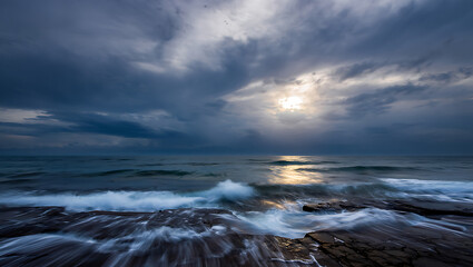 Obraz premium Dramatic coastline view with ocean waves and clouds