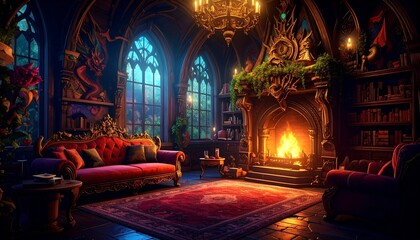 Obraz premium A grand, ornate library interior with a cozy fireplace.