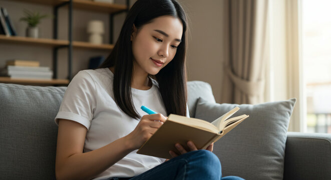 Young asian woman sitting on a couch, writing in a book with a pen, focused and relaxed