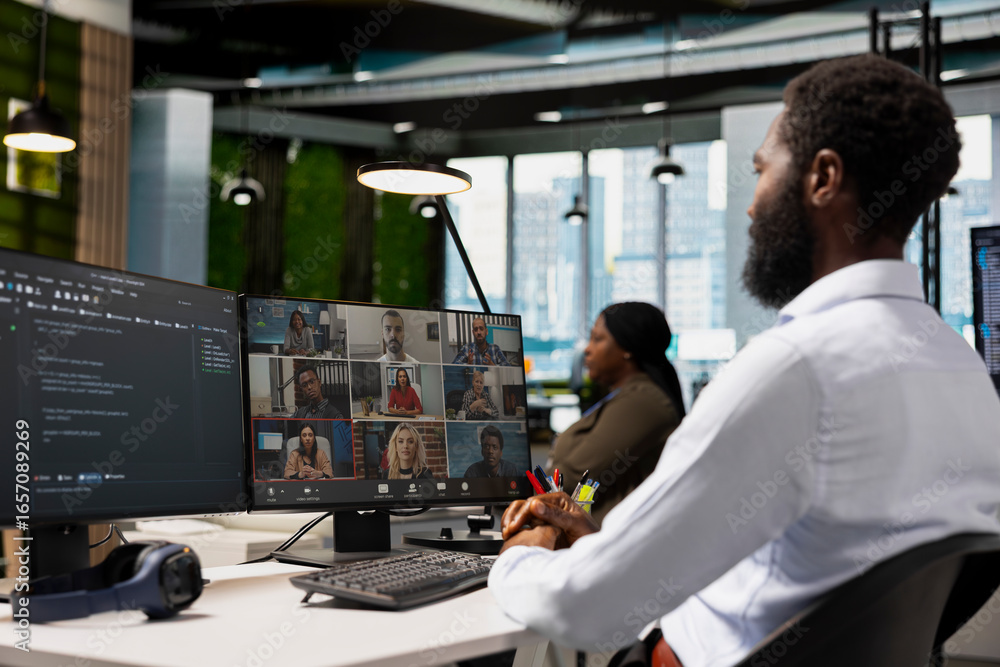 Poster tech company office coworkers working together via videocall, doing brainstorming on backup solution