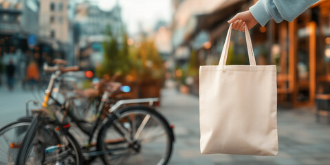A woman walking on city street with a blank canvas tote bag. Concept of the care of environment and mock up for branding.