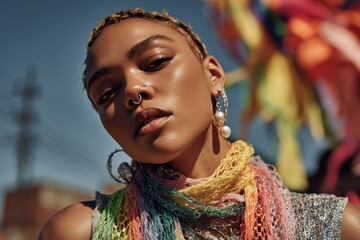 Stylish young person portrait with septum piercing and colorful scarf.