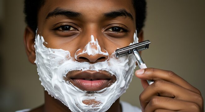 Close-up of a young man shaving his face with a razor and shaving cream, daily grooming